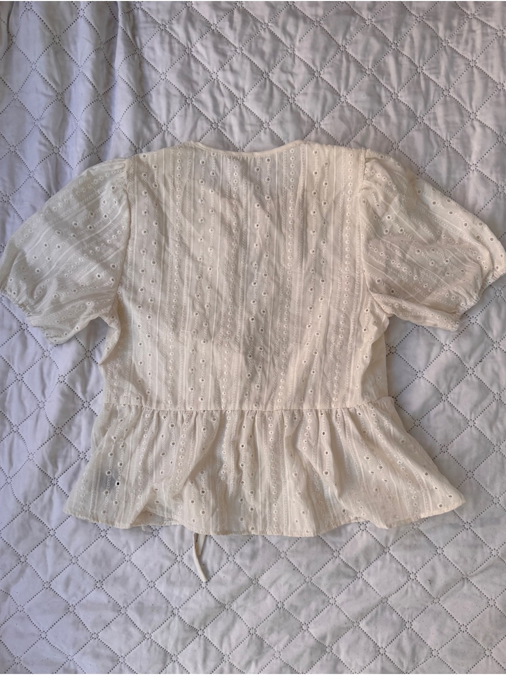 SHEIN Ivory Eyelet Peplum Top with Puff Sleeves
